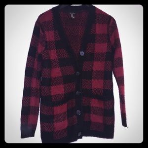 Red plaid long cardigan